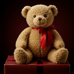 Soft teddy bear with red ribbon sitting on gift box in dark setting  