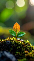 Tiny sprout emerging from mossy rock