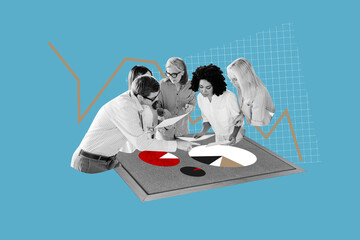 3D collage trend artwork poster of goal success graphics charts team cooperation businesspeople corporate meeting man lady talk diagram
