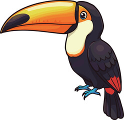Cartoon toucan illustration, tropical bird, colorful beak, jungle animal, exotic wildlife, children’s art, vector drawing, vibrant feathers, playful design