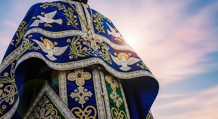 Detailed view of religious orthodox priest garment with cross and dove embroidery against sky background