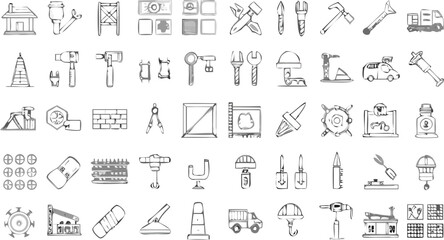 Illustration of various construction and building related objects and tools in a sketch style format