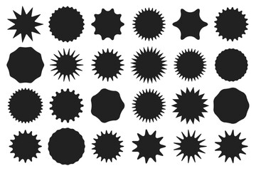 Collection of black starburst shapes, including circular and jagged designs. Perfect for price tags, sale stickers, and discount labels. Vector illustration for marketing materials and branding.