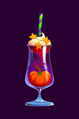 Halloween holiday party cocktail drink with pumpkin garnish. Cartoon vector spooky ghoulish beverage served in a tall glass with vibrant liquid and striped straw for festive and eerie celebrations