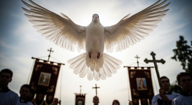 Peace dove flying over religious procession with crosses and banners in a bright sky setting view