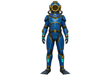 Isolated armored deep sea diver figurine with helmet, blue suit and flippers, isolated figure