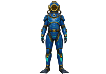 Isolated armored deep sea diver figurine with helmet, blue suit and flippers, isolated figure