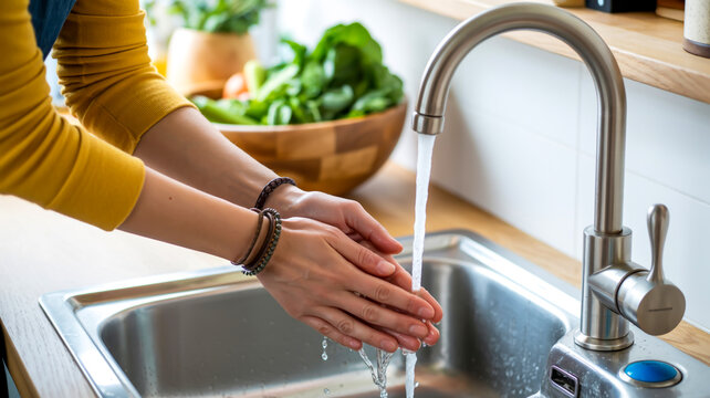 A close-up photograph of hands washing in a stainless steel kitchen sink under a modern brushed nickel faucet