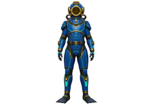 Isolated armored deep sea diver figurine with helmet, blue suit and flippers, isolated figure