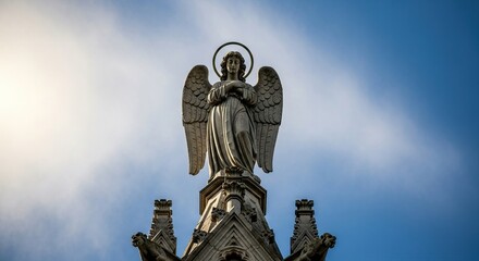 Angel statue photography, cemetery art, winged sculpture, religious monument, memorial stone figure, sky view