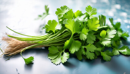 Fototapeta premium Fresh Cilantro Bunch With Vibrant Green Leaves Perfect For Culinary Use And Garnishing Dishes This Aromatic Herb Adds Flavor And Freshness To Various Recipes