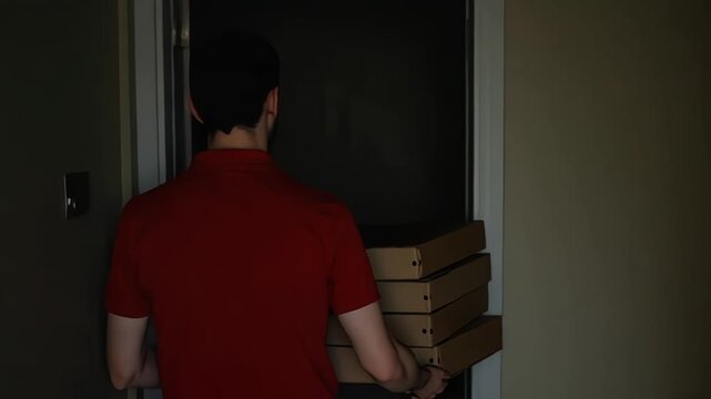 Pizza delivery guy carrying stack of cardboard boxes at door from the back view
