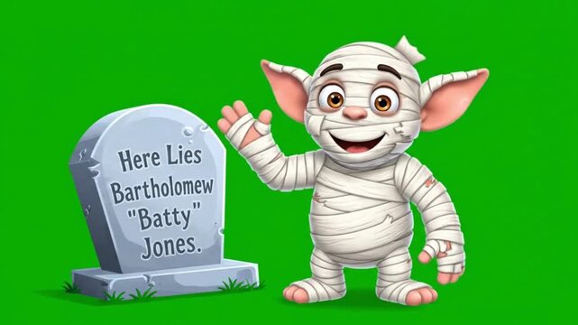 A friendly mummy named "Wrap-It Ralph" standing near a single, simple tombstone, all set against a green screen background. 