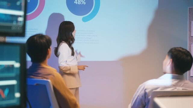 Businesswoman presents a marketing strategy using a ship route map, promoting global product distribution and sales logistics in a corporate setting during a professional presentation.