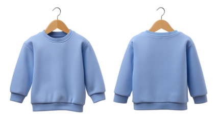 A light blue sweater hanging from a wooden hanger, front and back view 