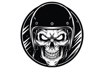 Vector art of a skull wearing a vintage motorcycle helmet, , evoking a sense of speed, danger, and timeless cool, rendered in a bold and graphic vector style for edgy appeal