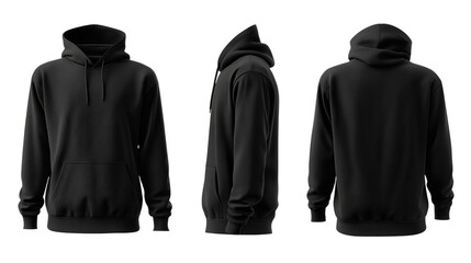  black hoodie mockup back, front and side view isolated on white background for brand presentation
