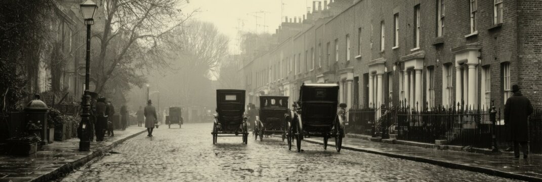 Horse-drawn carriages travel down a cobblestone street in a foggy urban setting, capturing a moment from the early 1900s with vintage architecture.
