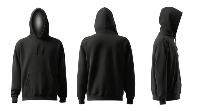 Black hoodie mockup back, front and side view isolated on white background for brand presentation