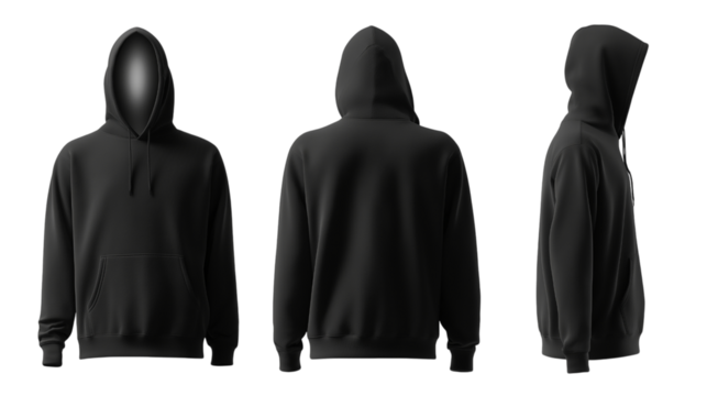 Black hoodie mockup back, front and side view isolated on white background for brand presentation