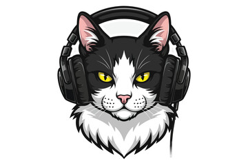 Vector art of a charming cartoon illustration of a black and white cat wearing headphones, , capturing a blend of feline grace and modern technology