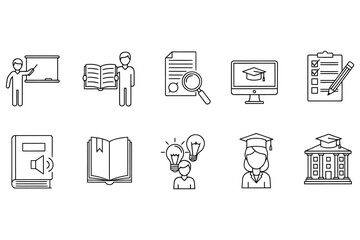 Vector art of a set of ten education icons in a clean, minimalist style, , representing various aspects of learning, teaching, and academic pursuit