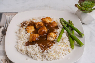 rice with  chicken bites  in gravy