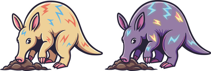 PrintCartoon aardvark illustration, colorful digging animal artwork, cute exotic wildlife character with fantasy patterns, playful nature vector design, creative animal drawing