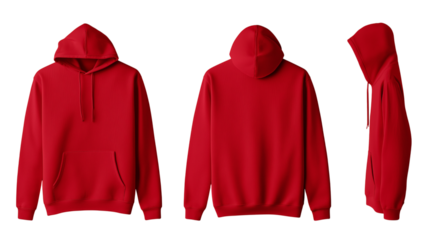 Red hoodie mockup back, front and side view isolated on white background for brand presentation