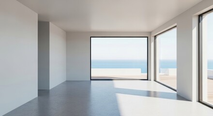 Empty interior space features modern design with expansive windows that offer panoramic ocean views, illuminated by bright natural light throughout the day, creating a peaceful atmosphere.