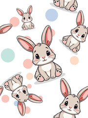 Seamless pattern with funny cartoon rabbits on white background