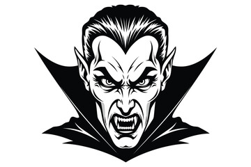 Vector art of striking black and white portrait of a menacing vampire with sharp fangs and piercing eyes, set against a dark cape