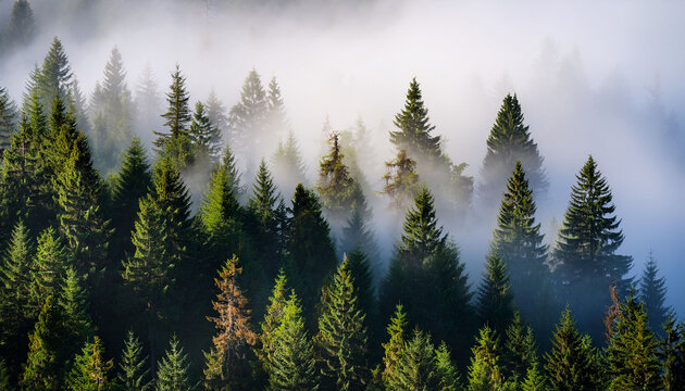 Misty Forest Canopy With Tall Pine Trees Shrouded In Fog During The Early Morning Light
