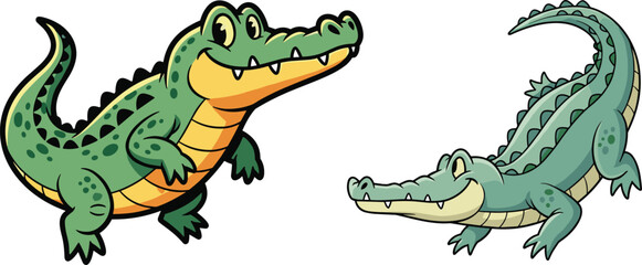 PrintCartoon illustration of two funny crocodiles with smiling faces, green scales, sharp teeth, playful expressions, isolated vector animal design