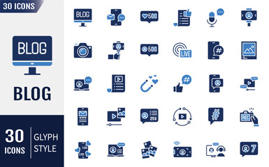 Blogging Flat Icons set. Containing video, photo, influencer, and more. Vector illustration