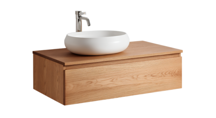 sequoia wall-mounted bathroom vanity with white top and bowl, natural oak wood finish, product photography on a Transparent background PNG