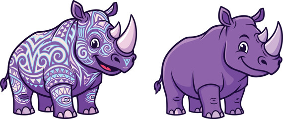 PrintCartoon rhinoceros illustration, purple rhino artwork, creative patterned animal drawing, colorful wildlife character design, cute jungle cartoon, happy decorative rhinoceros art