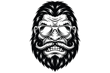 Vector art of cool bigfoot with sunglasses a stylized sasquatch face with a hipster vibe, featuring a beard, mustache, and intense gaze