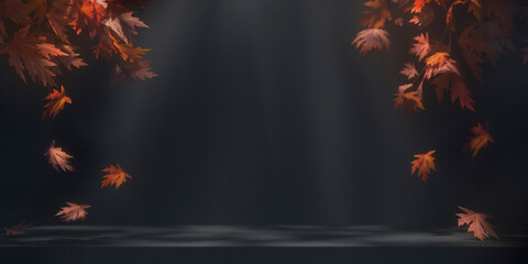 Halloween background with autumn leaves falling on dark table with spotlight. Black Friday sale for product display mockup. 3d render