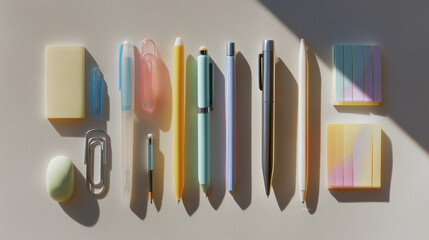 Colorful stationery arranged neatly on desk.