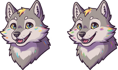 PrintCartoon wolf head illustration, cute animal character, colorful fur markings, vector mascot design, friendly expression, kids art, side by side