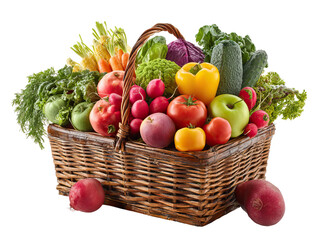 Farmers Market Basket Filled with Colorful Fresh Fruits on Transparent Background