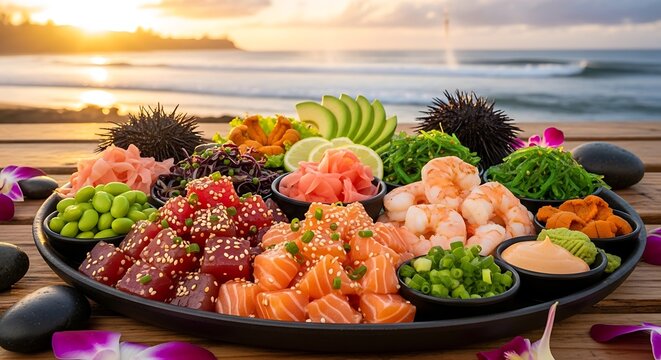 Exquisite Poke Bowl Platter on Beachfront Deck at Sunset.