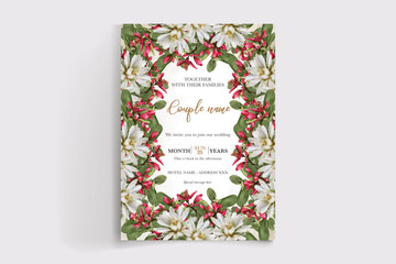 WEDDING INVITATION FRAME WITH FLOWER DECORATIONS AND FRESH LEAVES