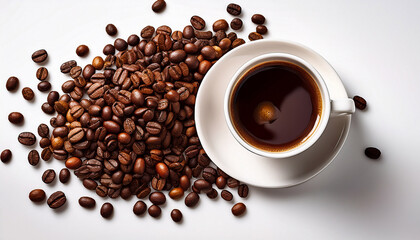 Coffee Beans Spread And A Freshly Brewed Cup On A White Background