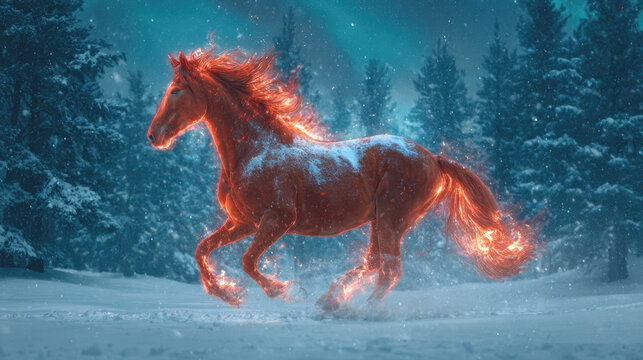 Stunning fantasy image of a mythical fire horse with glowing red-orange light and a fiery mane, galloping through a dark, snow-covered winter forest. The magical scene contrasts the warm equine spirit