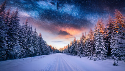Dreamy Snowy Forest Road Under Cosmic Sky Surreal Twilight Glow