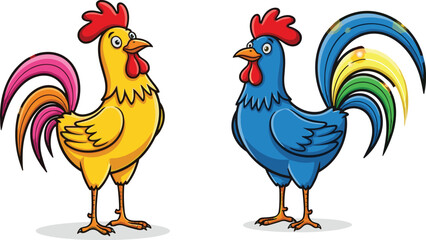 Colorful cartoon roosters, vibrant farm animals, animated poultry illustration, children’s book style, expressive birds, multicolored feathers, fun chicken characters