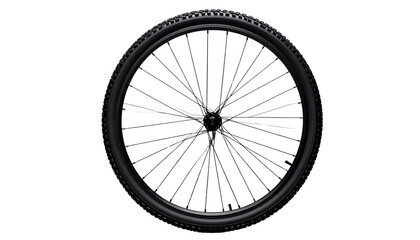 Fototapeta premium Bicycle Wheel Closeup of a Black Bike Wheel with Spokes and Tire Isolated on solid white Background Png forrmat