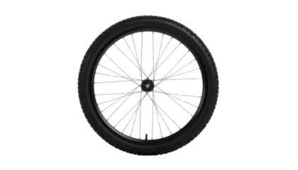 Bicycle Wheel Closeup of a Black Bike Wheel with Spokes and Tire Isolated on solid white Background